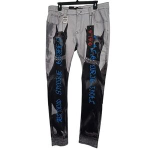 Gala Jeans NWT $180 Doberman Dog Graphic Gothic Blue Script Streetwear Sz W36
